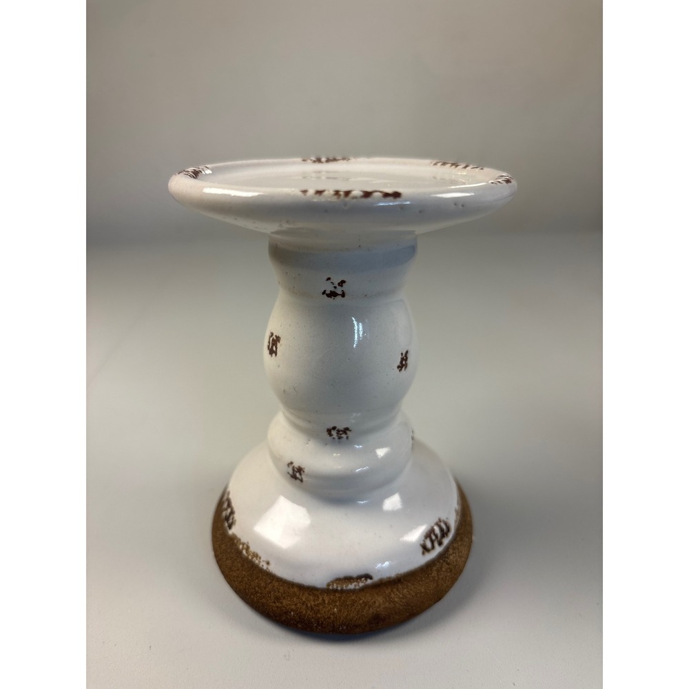 Rustic White Ceramic Pillar Candle Holder Distressed Farmhouse Pedestal Stand